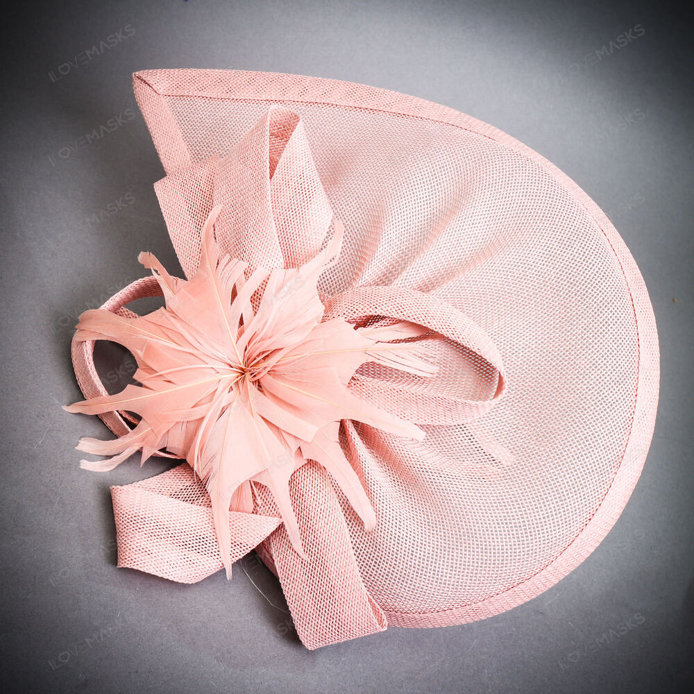 Derby Tea Party Wide Brim Mesh Fascinator Hat with Feather - Blush Pink - Picture 5 of 5